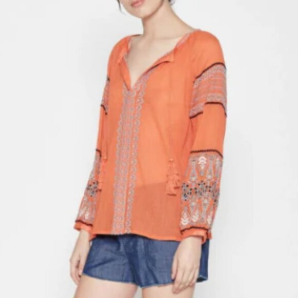 Joie Boho Top Womens Small V-Neck Sleeve Cotton Gauze Peasant Coral Lightweight - Picture 12 of 12